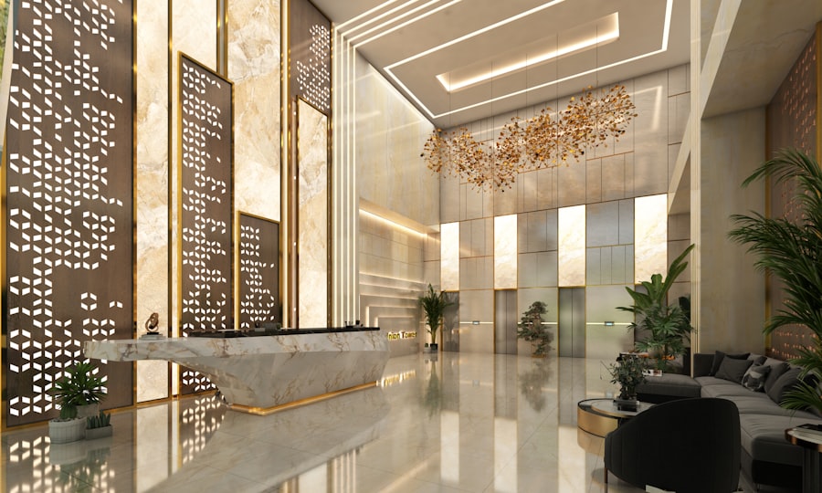 Marble-floored commercial lobby with a reception desk and elevator bank