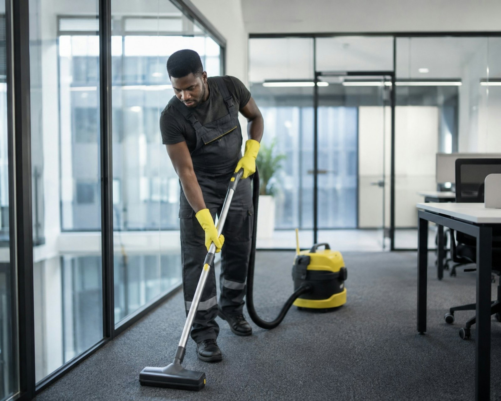 Uniformed janitorial technician vacuuming the carpet of a glass-walled office