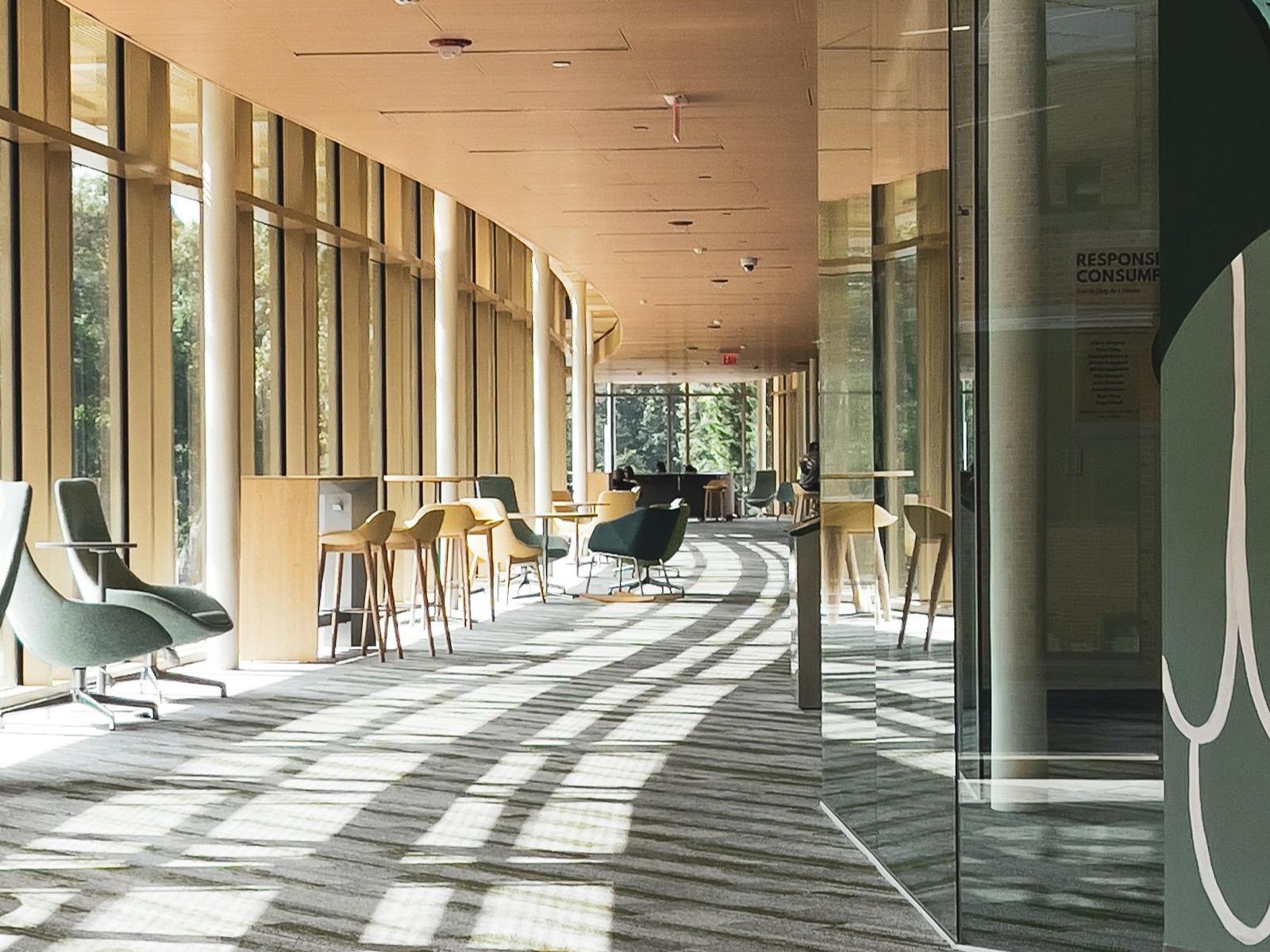 Sunlit school corridor with columns casting long shadows