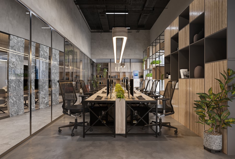 Conference room with a long wooden table and glass walls