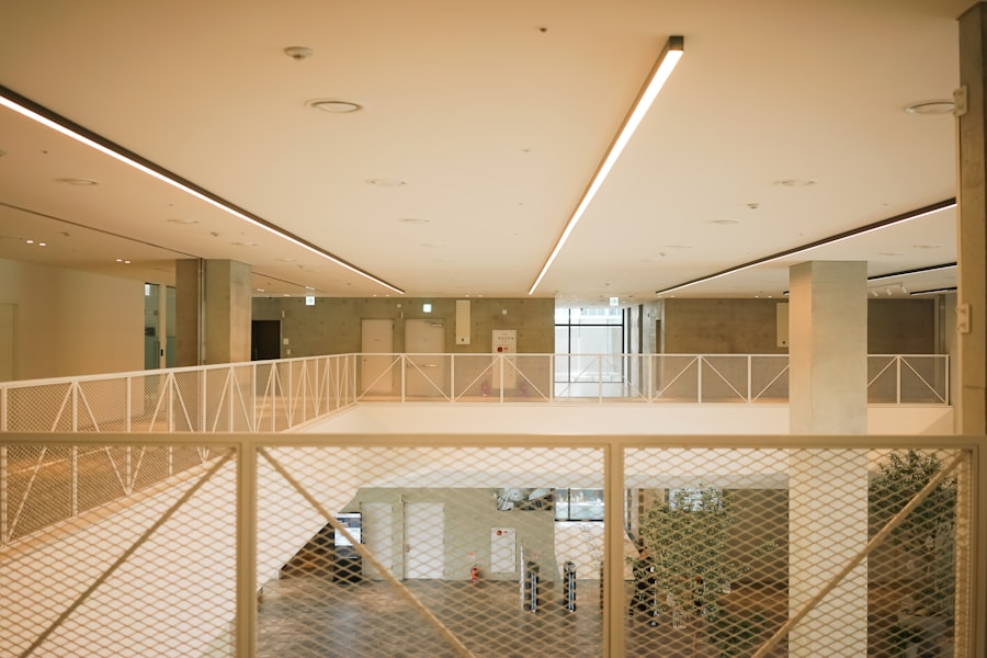Atrium mezzanine of an office building with white railings