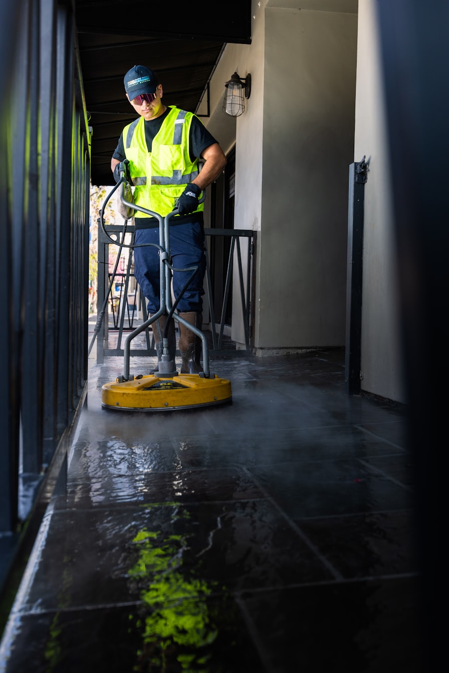 Technician in a hi-vis vest running a floor machine down a corridor