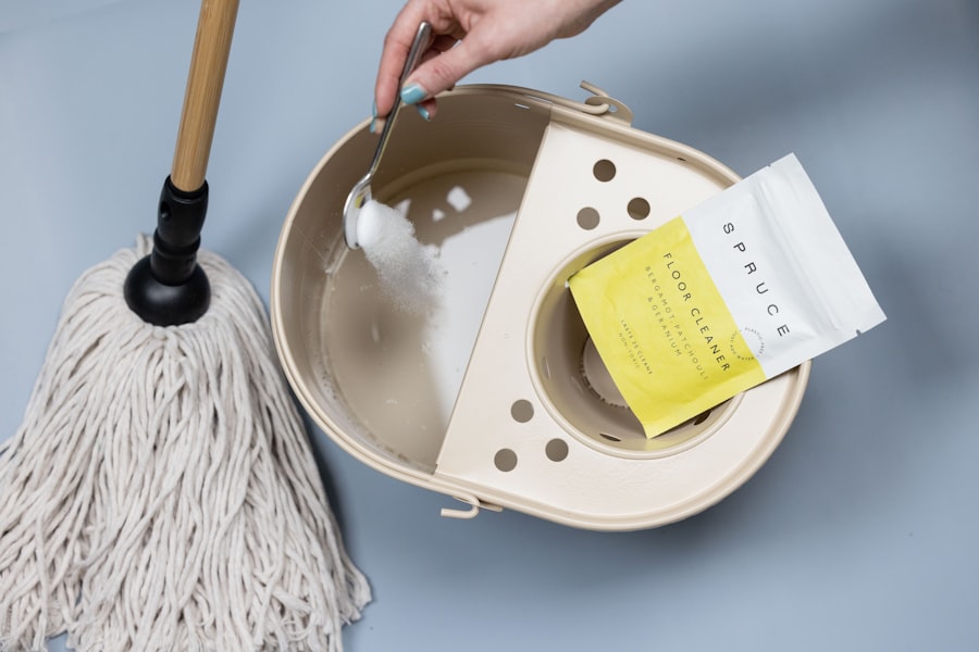 Mop and bucket with cleaning powder being added
