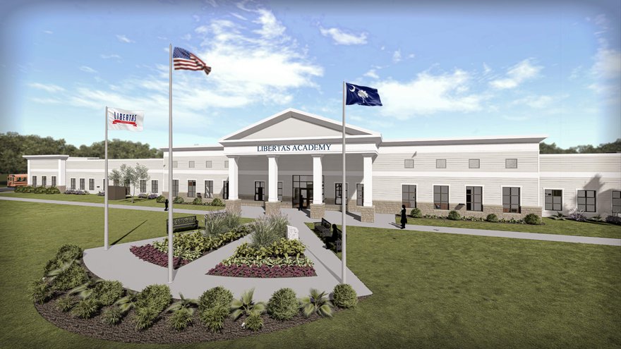Rendering of the Libertas Academy campus entrance with its flag court