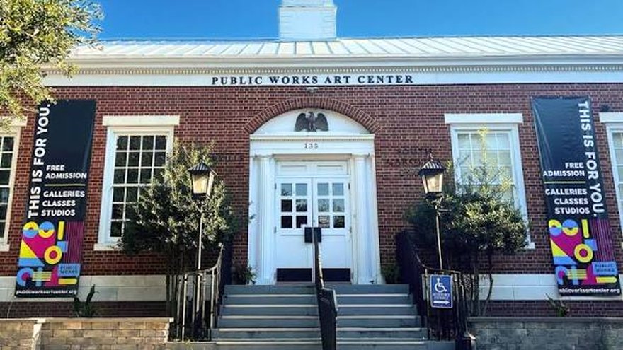 Brick facade and front steps of the Public Works Art Center in downtown Summerville